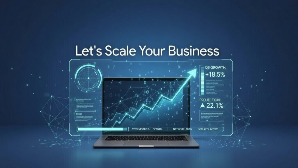 Digital marketing consultant encouraging business growth with upward analytics graph and call-to-action button.