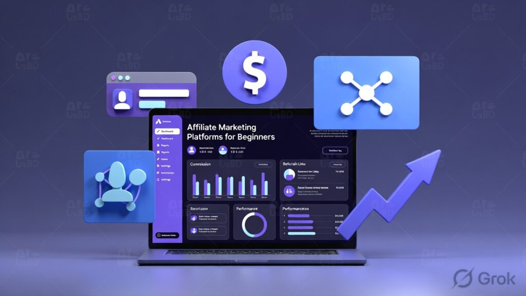 Affiliate marketing dashboard showing referral links, commission earnings, and performance analytics for beginners.